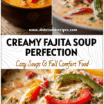 Bowl of creamy chicken fajita soup with cream cheese, colorful peppers, and melted cheese in a cozy crockpot setting